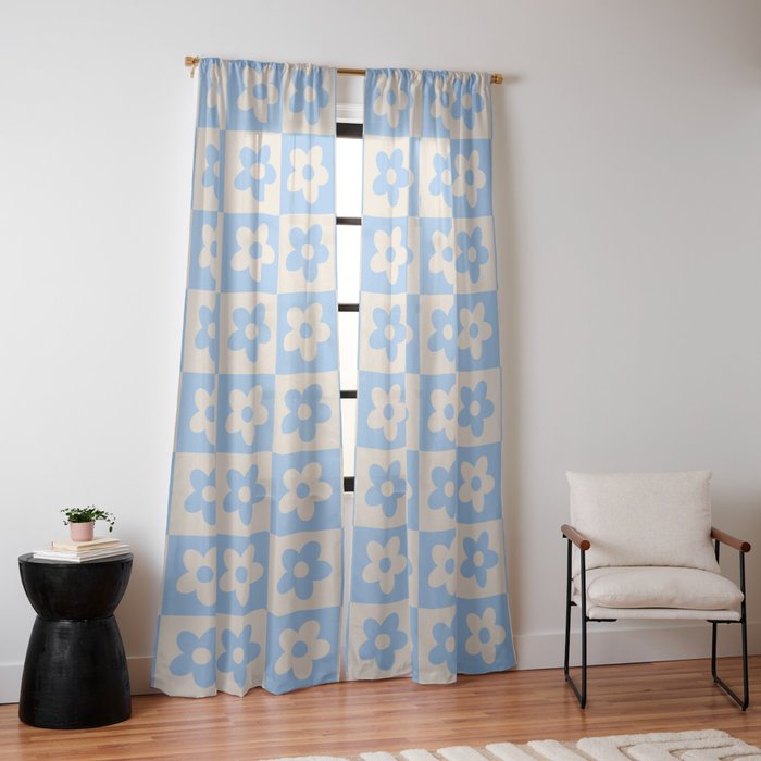 90s flowers checkers cream and blue Window Curtain