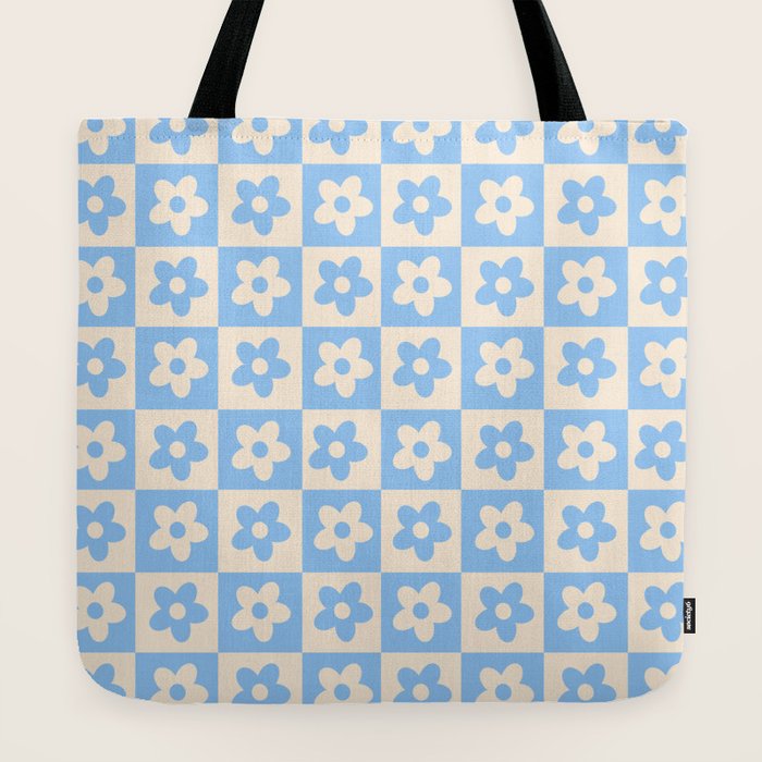 90s flowers checkers cream and blue Tote Bag