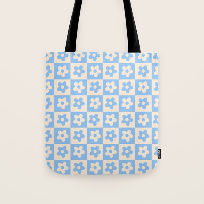 90s flowers checkers cream and blue Tote Bag