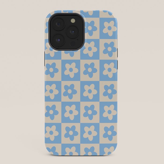90s flowers checkers cream and blue iPhone Case