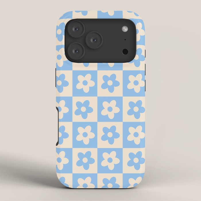 90s flowers checkers cream and blue iPhone Case