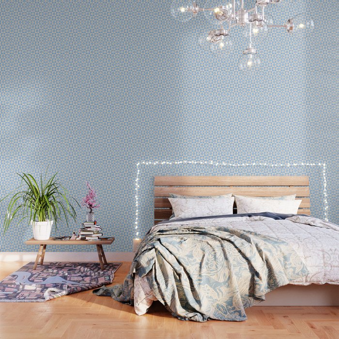 90s flowers checkers cream and blue Wallpaper