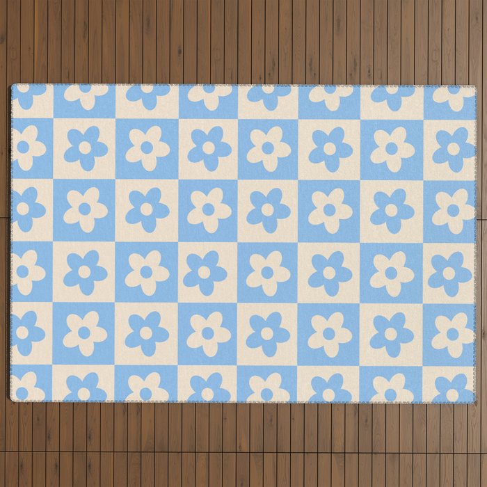 90s flowers checkers cream and blue Outdoor Rug