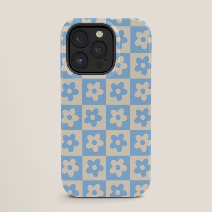 90s flowers checkers cream and blue iPhone Case