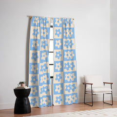 90s flowers checkers cream and blue Window Curtain