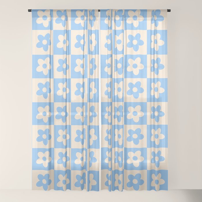 90s flowers checkers cream and blue Window Curtain