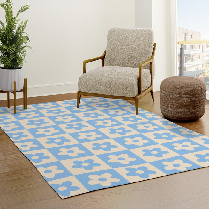 90s flowers checkers cream and blue Rug