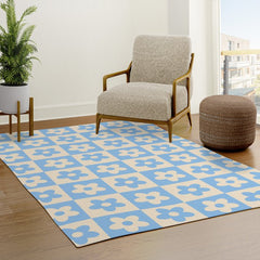 90s flowers checkers cream and blue Rug