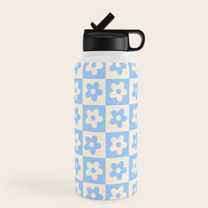 90s flowers checkers cream and blue Water Bottle