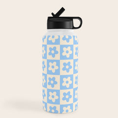 90s flowers checkers cream and blue Water Bottle