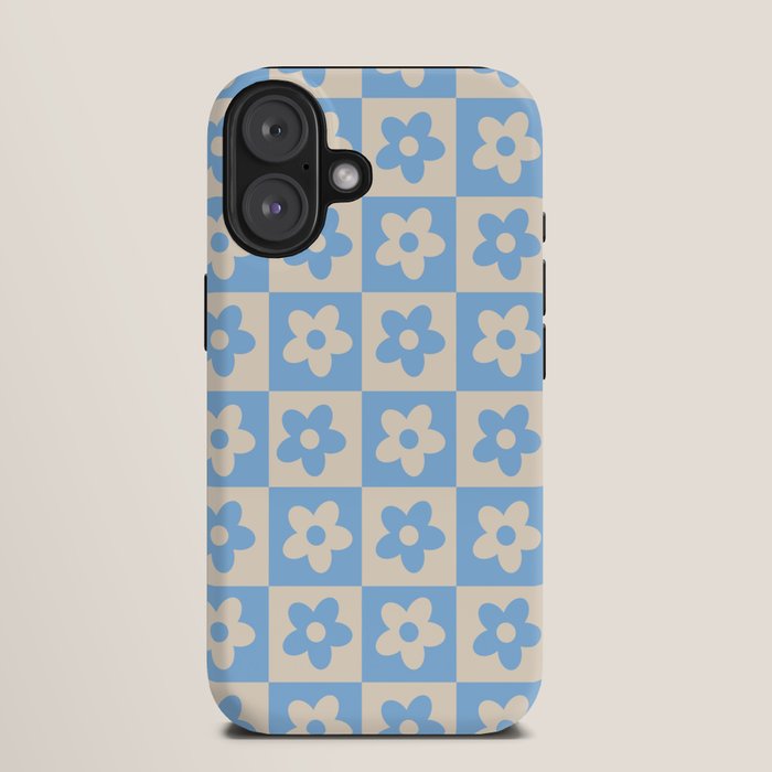 90s flowers checkers cream and blue iPhone Case