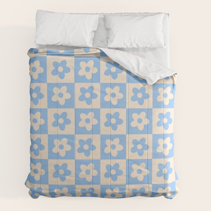 90s flowers checkers cream and blue Comforter