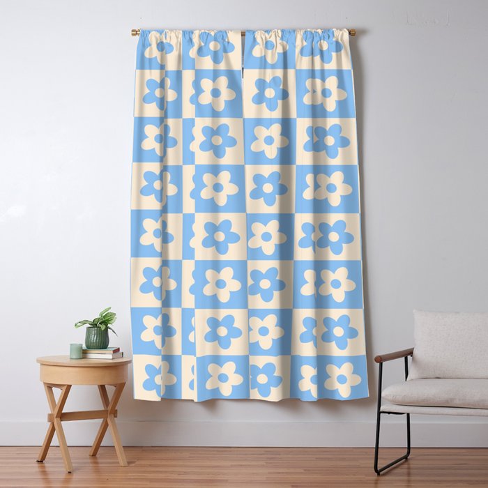 90s flowers checkers cream and blue Window Curtain