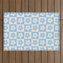 90s flowers checkers cream and blue Outdoor Rug