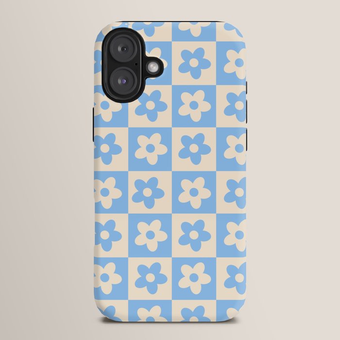 90s flowers checkers cream and blue iPhone Case