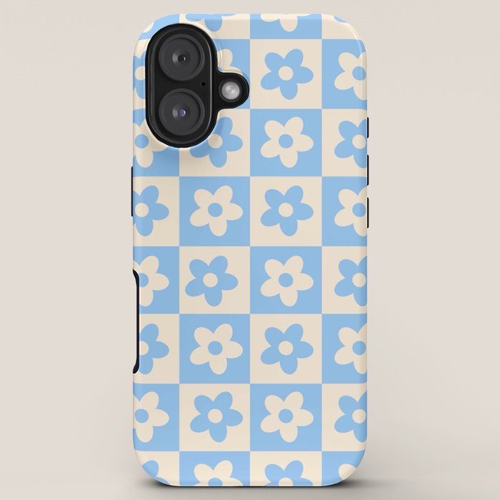 90s flowers checkers cream and blue iPhone Case