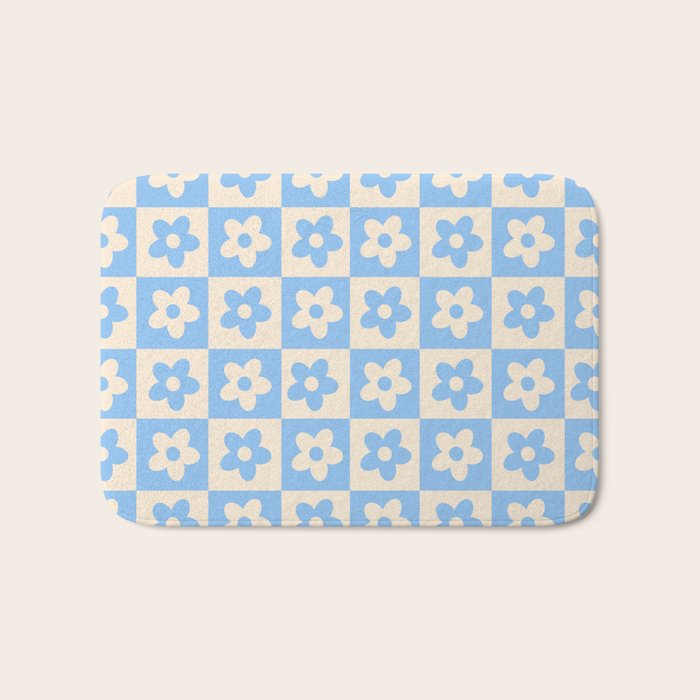 90s flowers checkers cream and blue Bath Mat