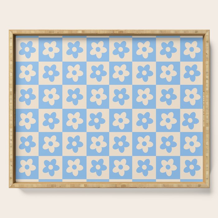 90s flowers checkers cream and blue Serving Tray