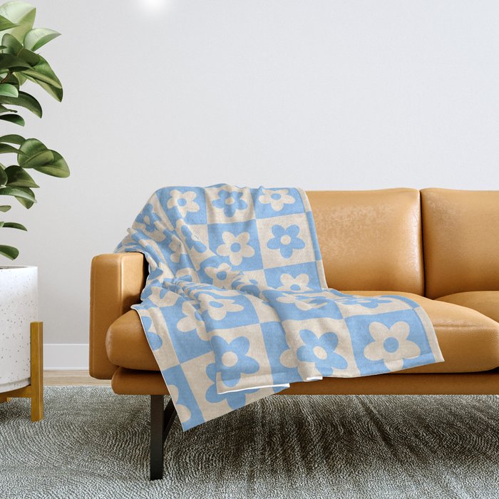 90s flowers checkers cream and blue Throw Blanket