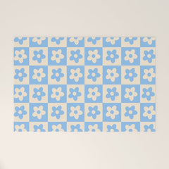 90s flowers checkers cream and blue Welcome Mat