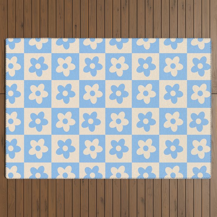 90s flowers checkers cream and blue Outdoor Rug