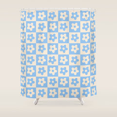 90s flowers checkers cream and blue Shower Curtain