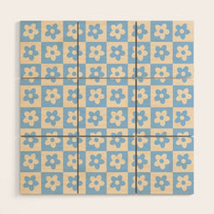 90s flowers checkers cream and blue Wood Wall Art
