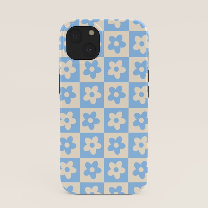 90s flowers checkers cream and blue iPhone Case