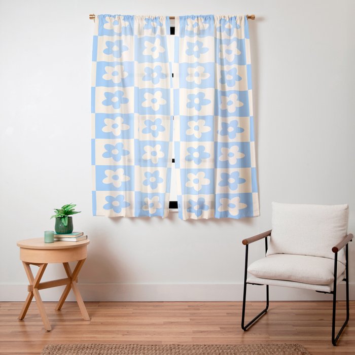 90s flowers checkers cream and blue Window Curtain