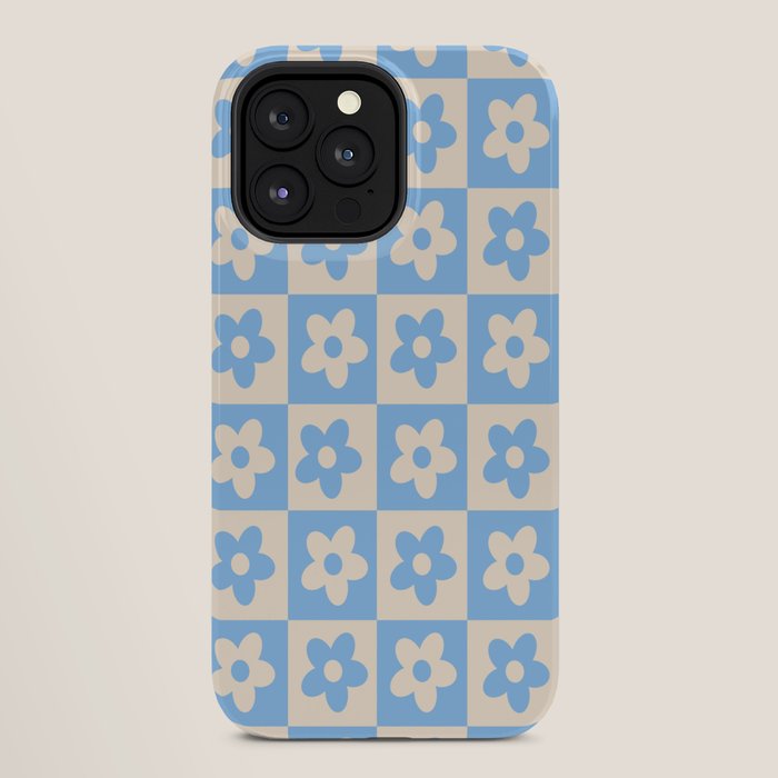 90s flowers checkers cream and blue iPhone Case