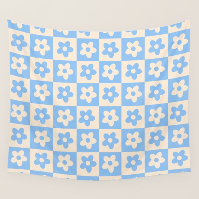 90s flowers checkers cream and blue Wall Tapestry