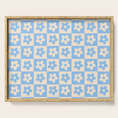 90s flowers checkers cream and blue Serving Tray