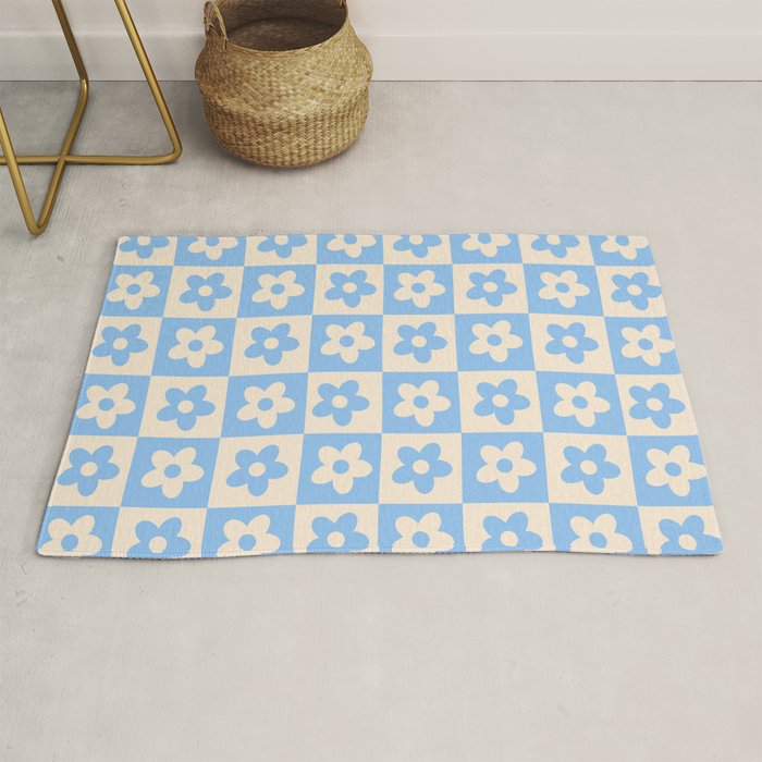 90s flowers checkers cream and blue Rug