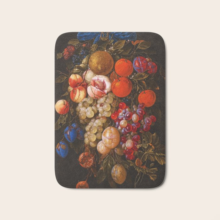 A festoon of fruit hanging from a blue ribbon 1670 still life portrait painting by Cornelis de Heem Bath Mat