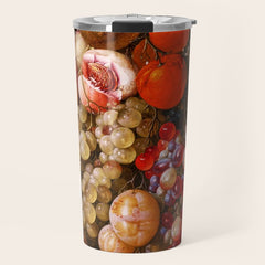 A festoon of fruit hanging from a blue ribbon 1670 still life portrait painting by Cornelis de Heem Travel Mug
