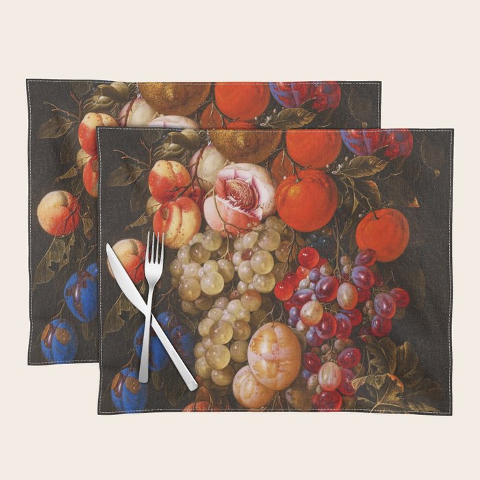 A festoon of fruit hanging from a blue ribbon 1670 still life portrait painting by Cornelis de Heem Placemat