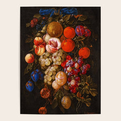 A festoon of fruit hanging from a blue ribbon 1670 still life portrait painting by Cornelis de Heem Poster
