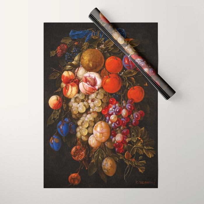 A festoon of fruit hanging from a blue ribbon 1670 still life portrait painting by Cornelis de Heem Wrapping Paper