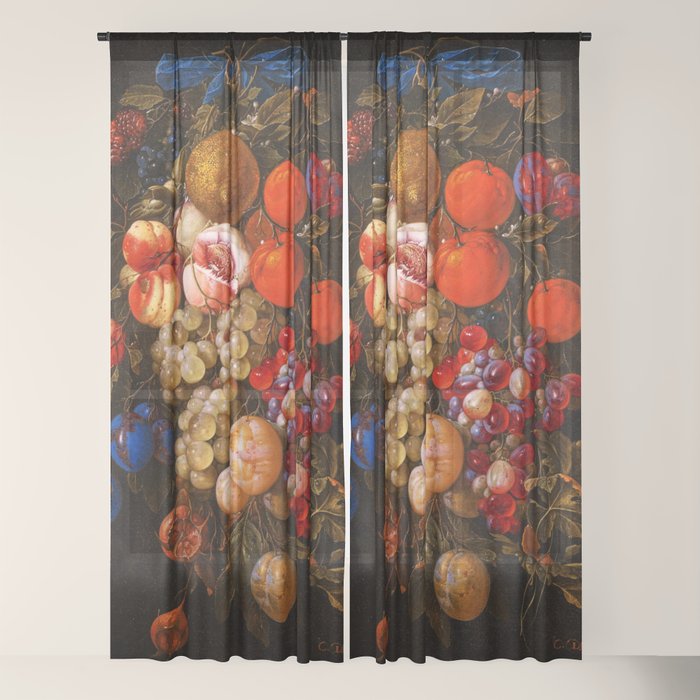 A festoon of fruit hanging from a blue ribbon 1670 still life portrait painting by Cornelis de Heem Window Curtain
