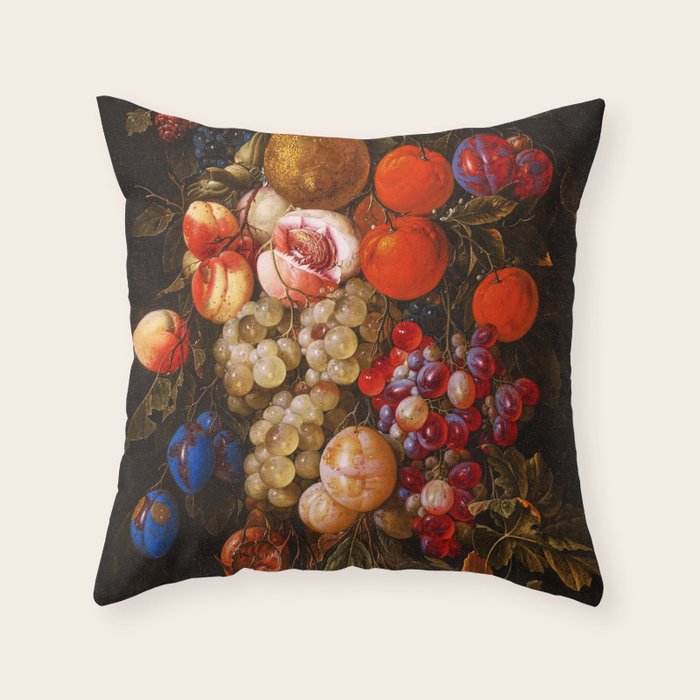 A festoon of fruit hanging from a blue ribbon 1670 still life portrait painting by Cornelis de Heem Throw Pillow