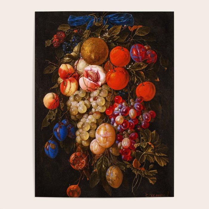 A festoon of fruit hanging from a blue ribbon 1670 still life portrait painting by Cornelis de Heem Poster