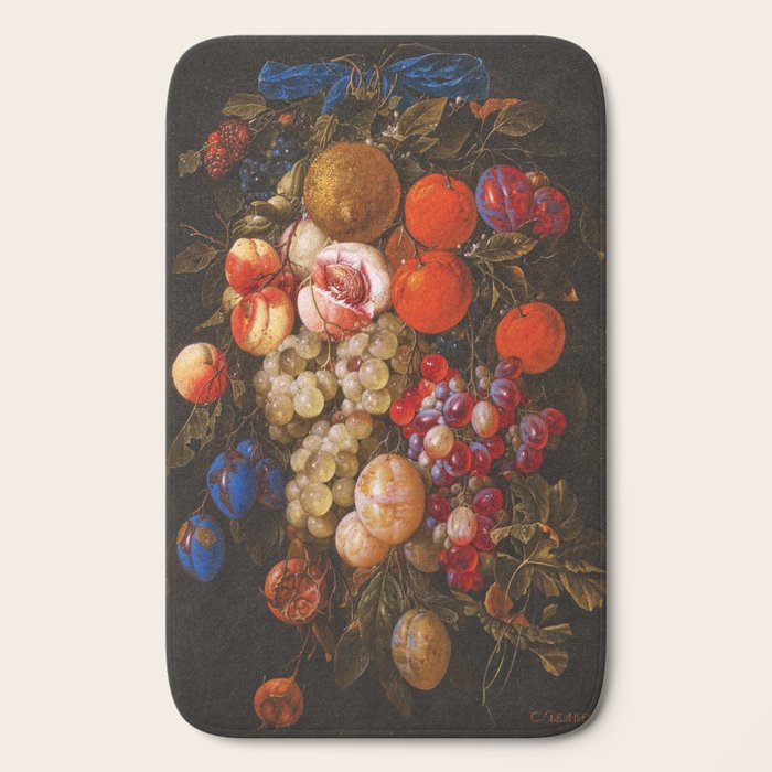 A festoon of fruit hanging from a blue ribbon 1670 still life portrait painting by Cornelis de Heem Bath Mat