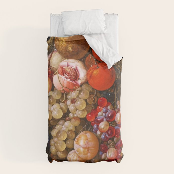 A festoon of fruit hanging from a blue ribbon 1670 still life portrait painting by Cornelis de Heem Duvet Cover