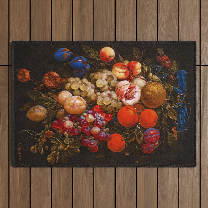 A festoon of fruit hanging from a blue ribbon 1670 still life portrait painting by Cornelis de Heem Outdoor Rug