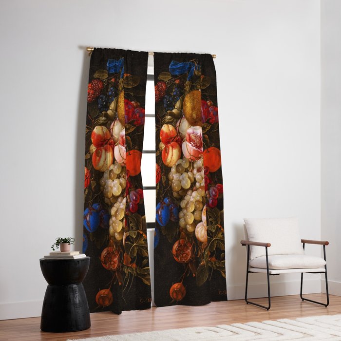 A festoon of fruit hanging from a blue ribbon 1670 still life portrait painting by Cornelis de Heem Window Curtain