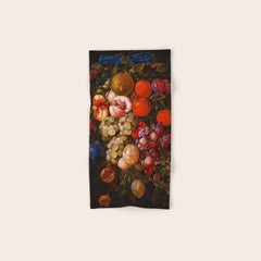 A festoon of fruit hanging from a blue ribbon 1670 still life portrait painting by Cornelis de Heem Bath Towel