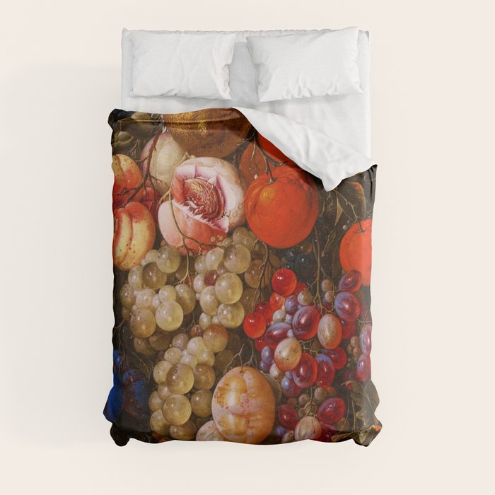 A festoon of fruit hanging from a blue ribbon 1670 still life portrait painting by Cornelis de Heem Duvet Cover