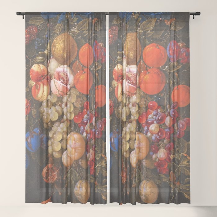A festoon of fruit hanging from a blue ribbon 1670 still life portrait painting by Cornelis de Heem Window Curtain