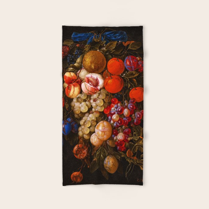 A festoon of fruit hanging from a blue ribbon 1670 still life portrait painting by Cornelis de Heem Bath Towel