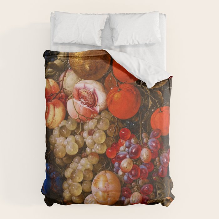 A festoon of fruit hanging from a blue ribbon 1670 still life portrait painting by Cornelis de Heem Duvet Cover